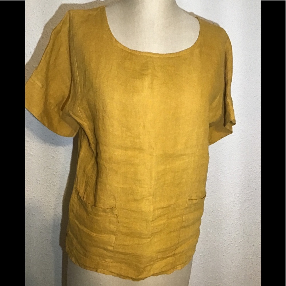 Francesca Bettini yellow mustard short sleeve linen blouse size small